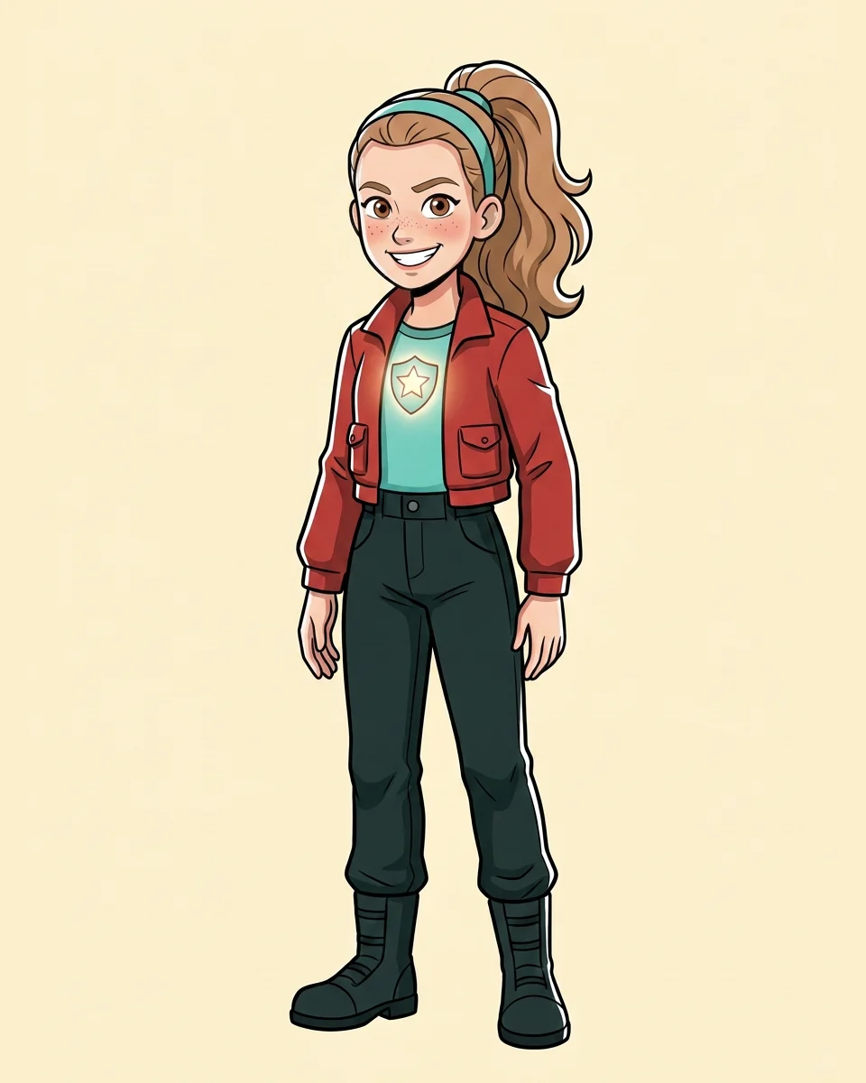 Illustration of Allina Powers as a smiling hero in a red jacket and aqua top